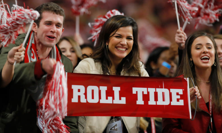 Alabama Crimson Tide fans cheer in the stands during the second half against the Georgia Bulldogs in the CFP National Championship.