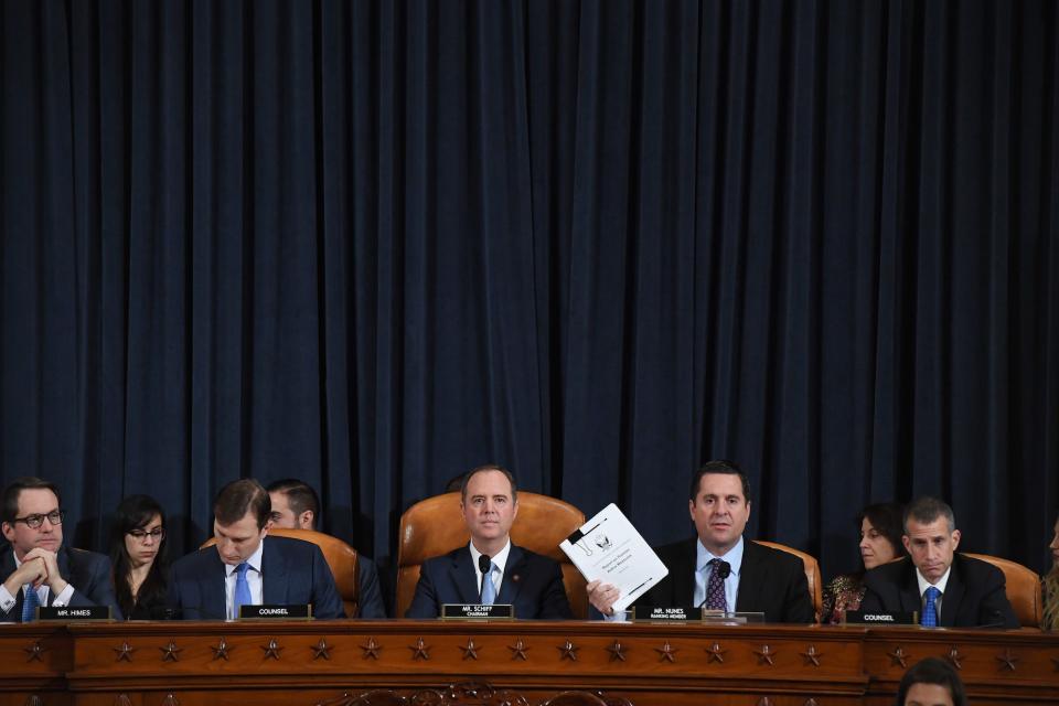 (L-R)US Representative Jim Himes (D-CT), counsel, Daniel Goldman, House Intelligence Committee chair, Adam Schiff (D-CA), US Representative Devin Nunes (R-CA), and counsel, Steve Castor.