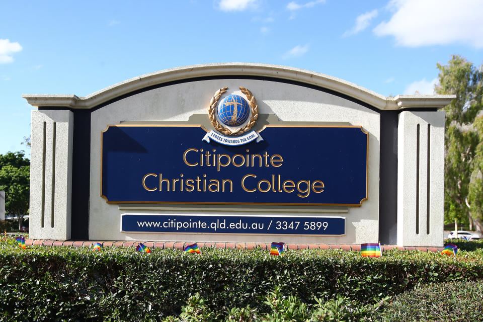 LGBTQI+ flags left outside Citipointe Christian College in Brisbane in 2022. Source: AAP