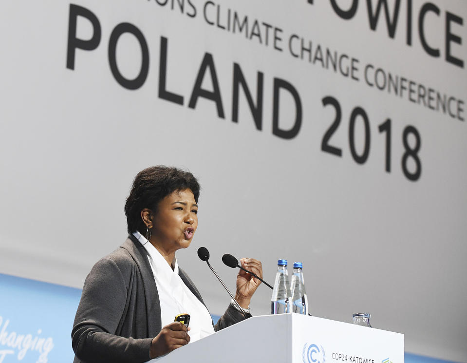 Mae Jamison, former US astronaut, delivers a speech during of COP24 UN Climate Change Conference 2018 in Katowice, Poland, Tuesday, Dec. 4, 2018. (AP Photo)