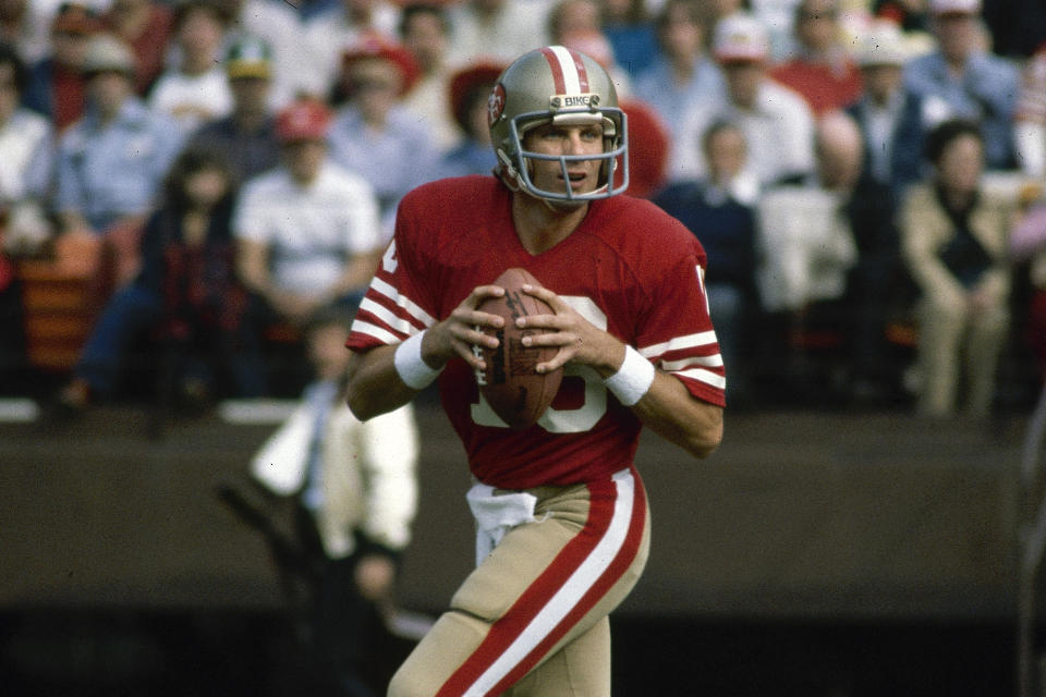 FILE - This is a 1981 file photo showing San Francisco 49ers NFL football quarterback Joe Montana. Soon after the Super Bowl matchup was set, Hall of Famer Joe Montana went to Twitter to send out a picture of his framed jerseys for the Kansas City Chiefs and the San Francisco 49ers. Montana won four Super Bowl titles in 14 years with the 49ers before finishing his career with two seasons on the Chiefs when he made one trip to the AFC championship game.(AP Photo/File)