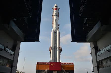 Long March-7 rocket and Tianzhou-1 cargo spacecraft are seen as they are transferred to a launching spot in Wenchang, Hainan province, China, April 17, 2017. China Daily/via REUTERS