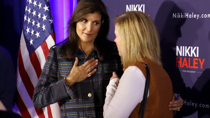 Nikki Haley, 2024 Republican candidate for president, interacts with voters after a campaign event in Newton, Iowa, on Friday, Nov. 17, 2023.