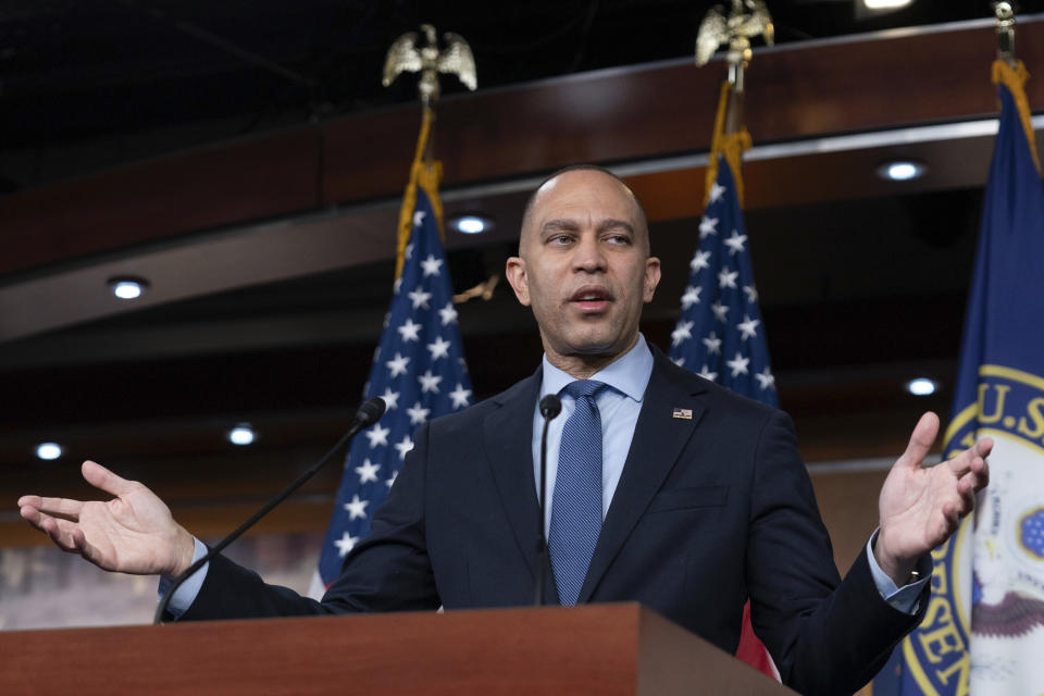 House Minority Leader Hakeem Jeffries of N.Y., speaks during a news conference at the Capitol in Washington, Wednesday, Feb. 7, 2024. (AP Photo/Jose Luis Magana)