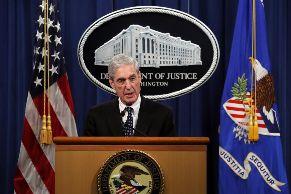 FILE - In this May 29, 2019, file photo, special counsel Robert Mueller speaks at the Department of Justice in Washington, about the Russia investigation. (AP Photo/Carolyn Kaster, File)