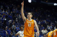 Tennessee's John Fulkerson (10) celebrates after Tennessee defeated Kentucky 81-73 in an NCAA college basketball game Tuesday, March 3, 2020, in Lexington, Ky. (AP Photo/James Crisp)