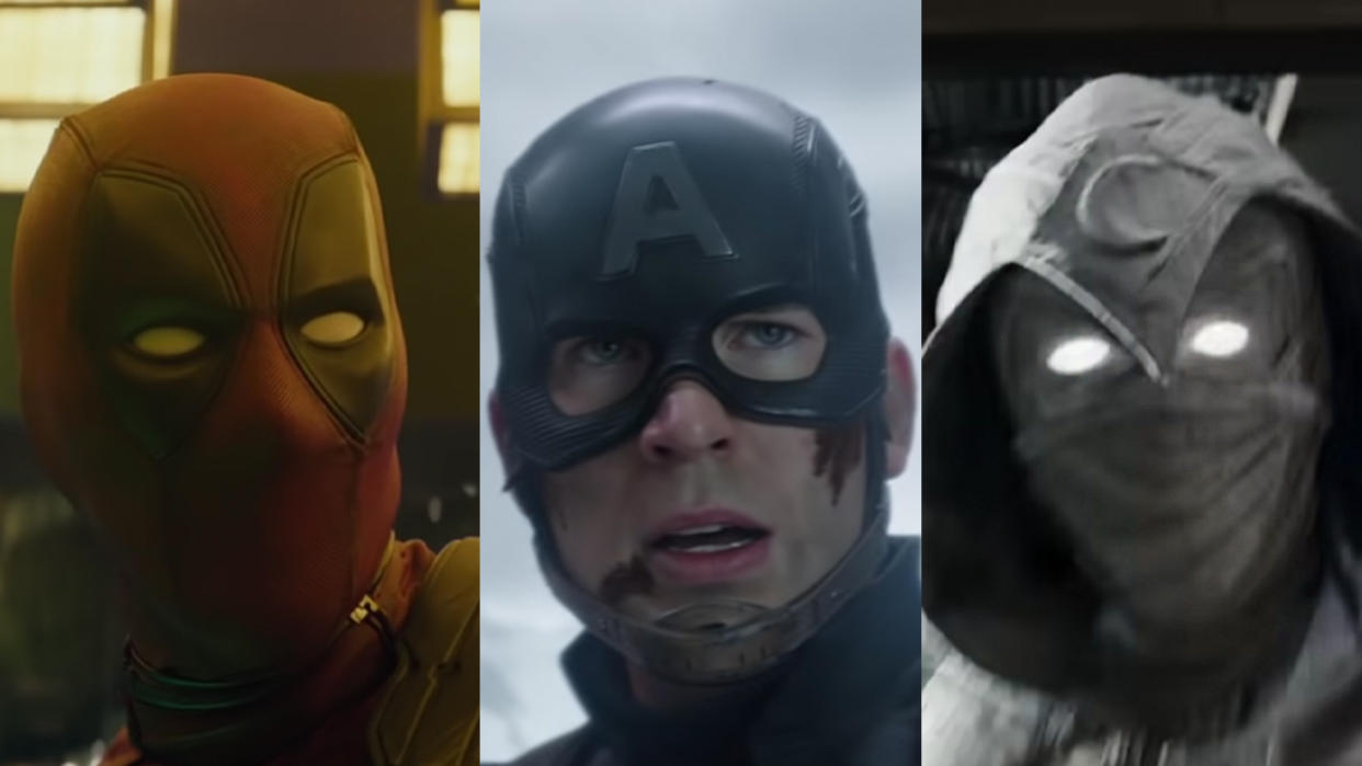  The Merc with the Mouth in Deadpool 2, Cap readying for battle in Captain America: Civil War, Moon Knight from the Disney+ series. 