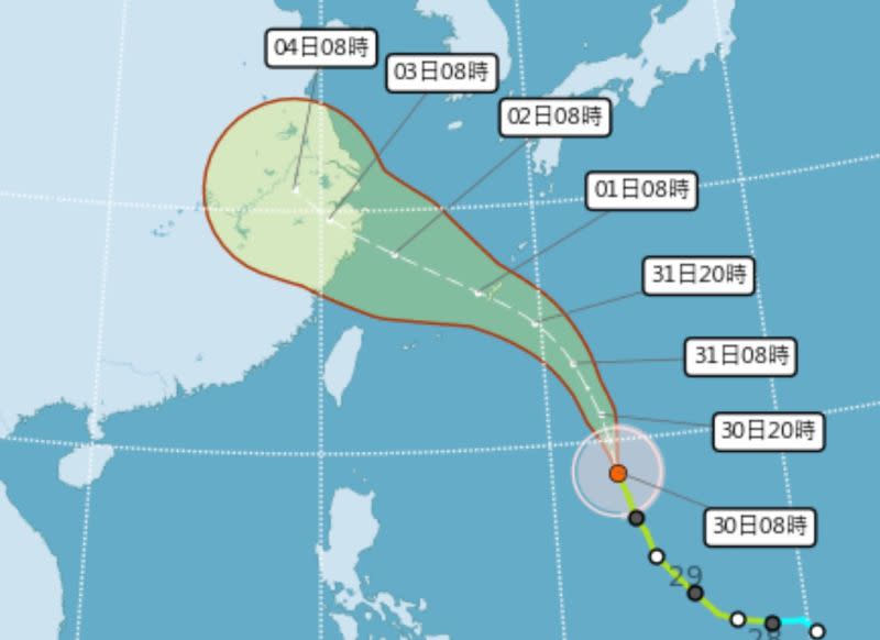 ▲卡努颱風預計明日清晨轉為中颱，路徑上持續朝西北前進，可能對台灣北部海面造成威脅。（圖／翻攝中央氣象局官網）