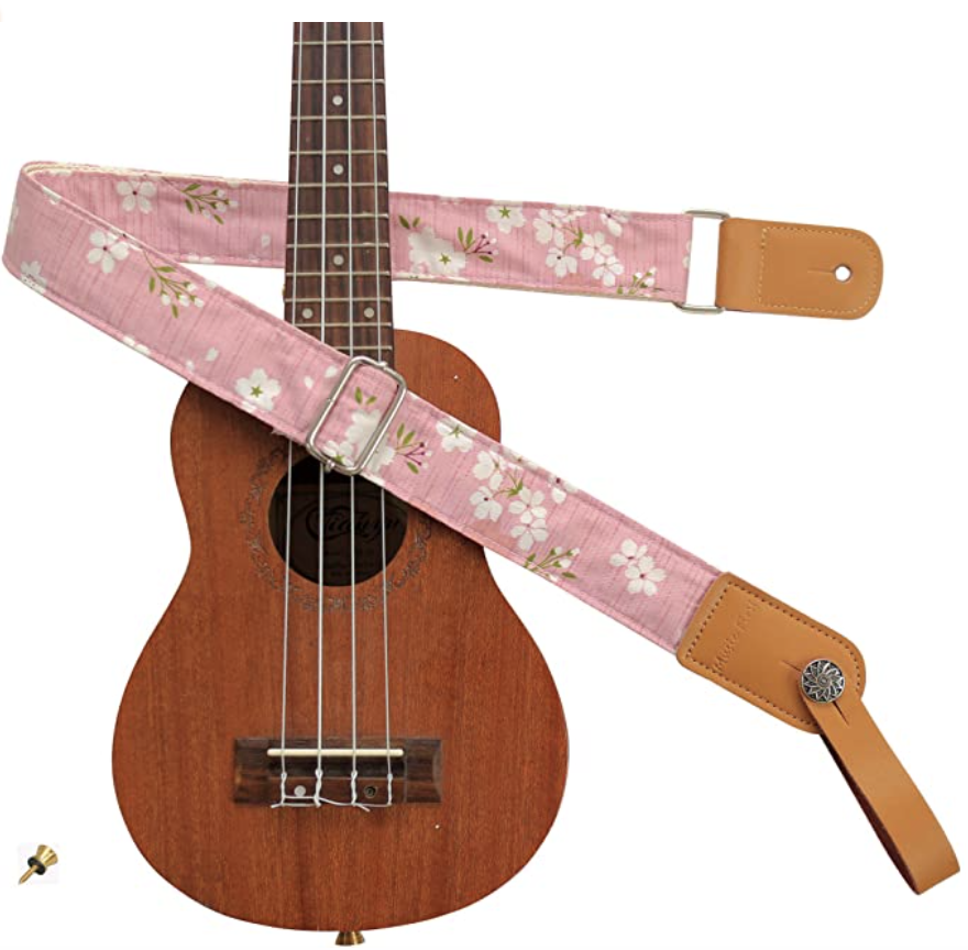 PHOTO: Amazon. Pink Sakura Soft Cotton & Genuine Leather Ukulele Shoulder Strap