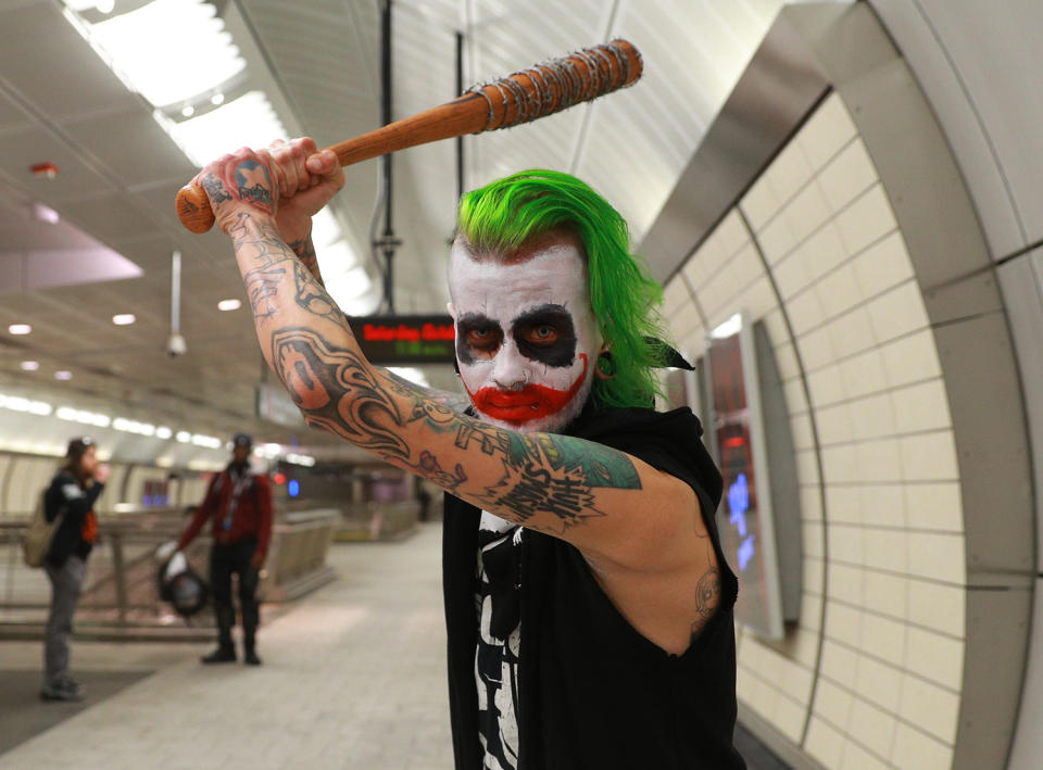 Danny from Brooklyn dressed as the Joker heads to the New York Comic Con 2019  at Jacob Javits Center on Oct. 5, 2019 in New York City. (Photo: Gordon Donovan/Yahoo News)