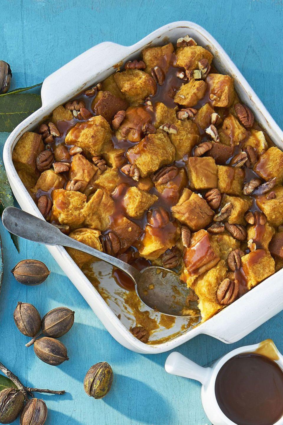 <p>Don't forget to add a heaping helping of sweet bourbon sauce to this bread pudding.</p><p><strong><a href="https://www.countryliving.com/food-drinks/recipes/a45304/pumpkin-pecan-bread-pudding-recipe/" rel="nofollow noopener" target="_blank" data-ylk="slk:Get the recipe;elm:context_link;itc:0;sec:content-canvas" class="link ">Get the recipe</a>.</strong></p>