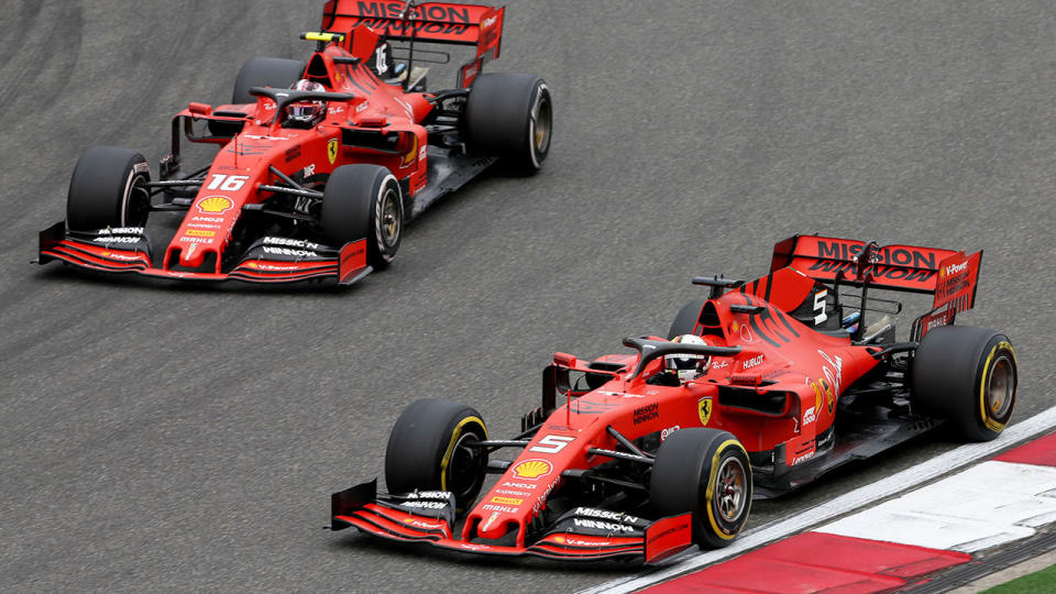 Sebastian Vettel and Charles Leclerc. (Photo by Charles Coates/Getty Images)