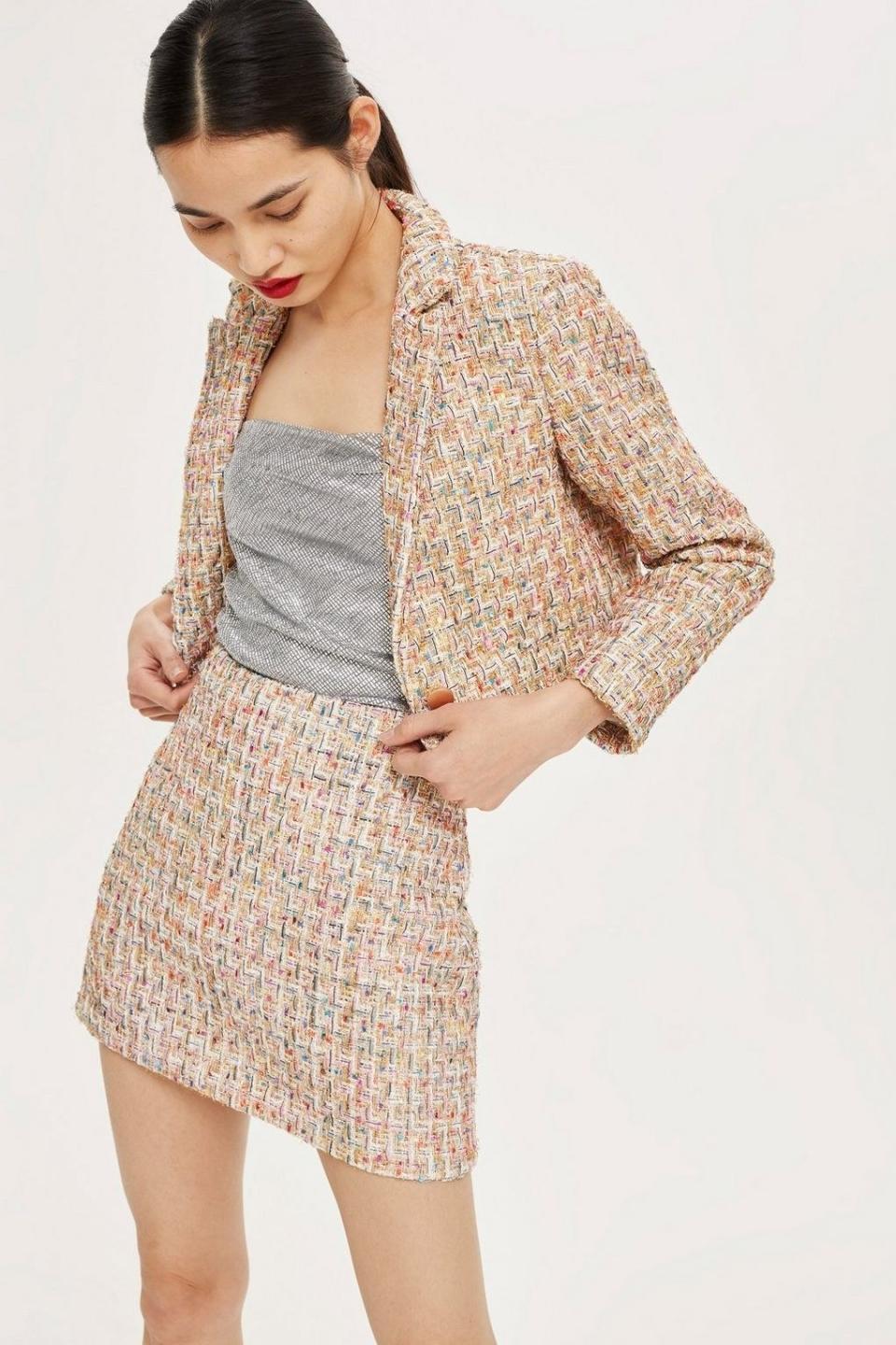 <em><strong>Shop Now:</strong> Topshop Boucle Suit, $90. <a rel="nofollow noopener" href="https://us.topshop.com/webapp/wcs/stores/servlet/ProductDisplay?langId=-1&productId=31819946&catalogId=33060&storeId=13052&krypto=2SGV9LsWcunB7nhTUhLxWv8FSzuh4nkH0wqDQ9hXvmqRFKVaxkpMblh6Tlz5mKdpymnBQP52VR5vNdc%2B%2BvLqUTf93ZISmuuTEEzTgqsQTudJSK4tgjO4vUmtbKRiKq7S5F1qchIGkKpXOpoaGhvdKTwswkQIVu2rFjftrnk5LHCVB43k7l0scNjqT9q4lLHI%2F%2F8M2R9EpimOsa4pEBGIP3BuaIrK988LtR4827v4hjWqMtdWN3MEeez7LeIpbSHuGkjAGMFo7WP3gwI2RCDLWnaQUU7S6gM1xkCtPiNqlYyR14cS5KQEs7KjV3zqnS%2Fyku6ne9gUooXWfUdlQJr1mQ%3D%3D" target="_blank" data-ylk="slk:topshop.com;elm:context_link;itc:0;sec:content-canvas" class="link ">topshop.com</a>.</em>