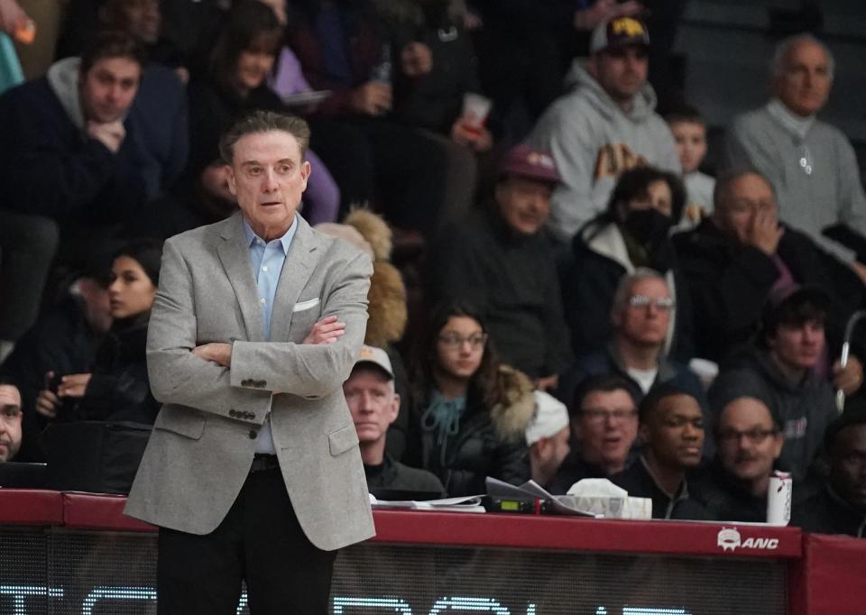 Iona University head coach Rick Pitino walks the sidelines as Iona hosts Mount St. Mary in men's basketball at Iona University in New Rochelle on Friday, February 3, 2023. 