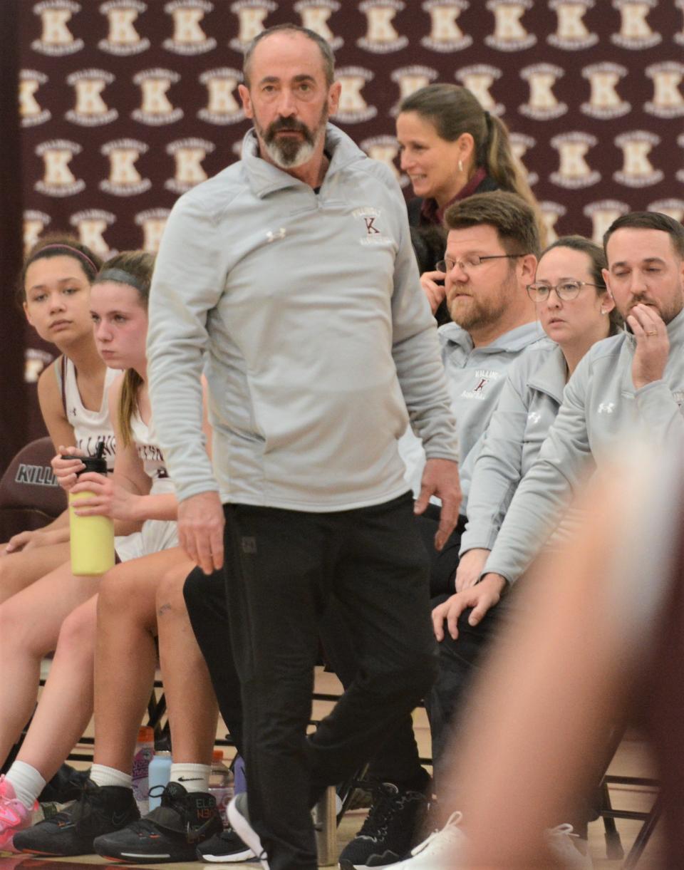 Killingly interim girls basketball coach Scott Derosier looks on during Killingly's state tourney clinching win against East Lyme.