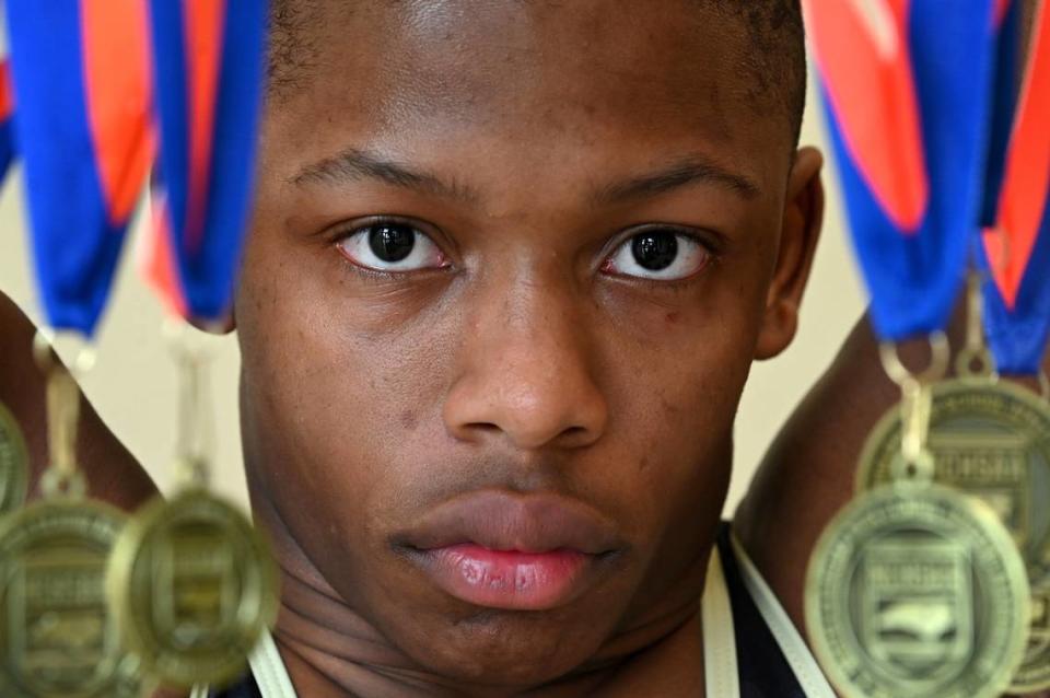 Mallard Creek High wrestler Cameron Stinson Jr. on Wednesday, March 22, 2023. Stinson is a three-time state champion who has never lost a match. JEFF SINER/jsiner@charlotteobserver.com