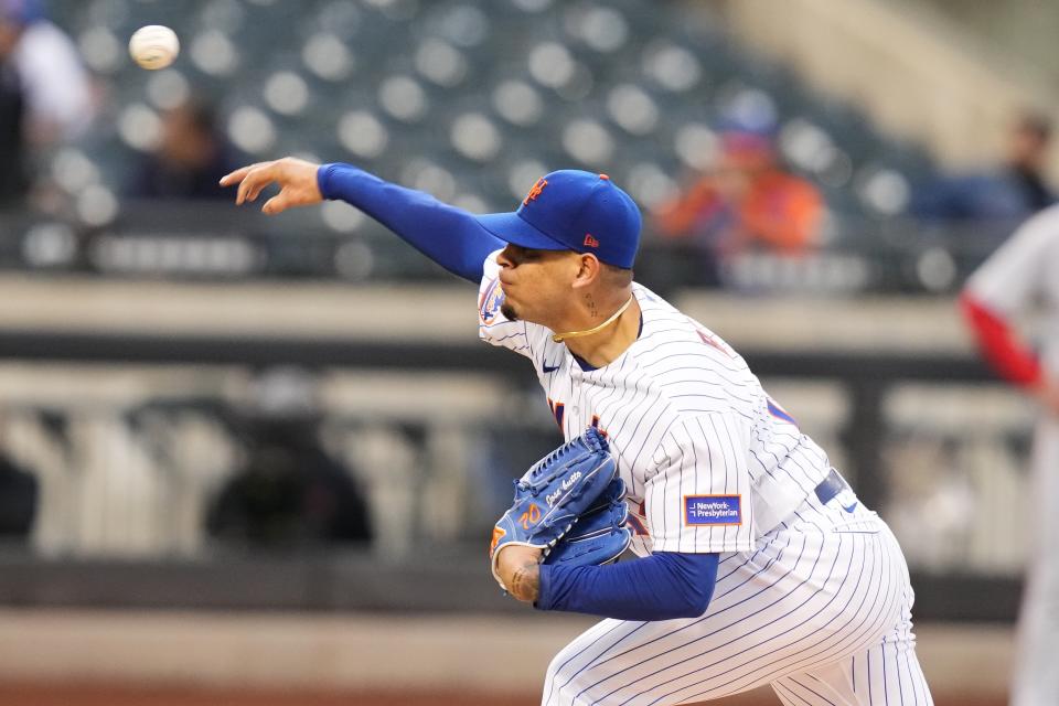 New York Mets' Jose Butto pitches during the first inning of the team's baseball game against the Washington Nationals on Tuesday, April 25, 2023, in New York. (AP Photo/Frank Franklin II)