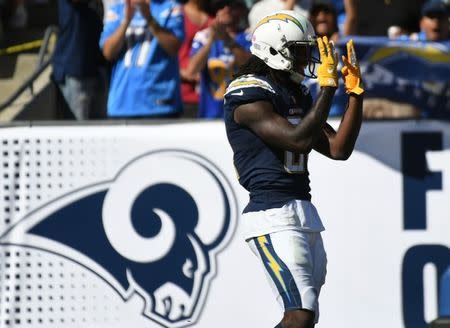 Sep 23, 2018; Los Angeles, CA, USA; Los Angeles Chargers wide receiver Mike Williams (81) reacts after a touchdown against the Los Angeles Rams in the second half at Los Angeles Memorial Coliseum. Mandatory Credit: Richard Mackson-USA TODAY Sports