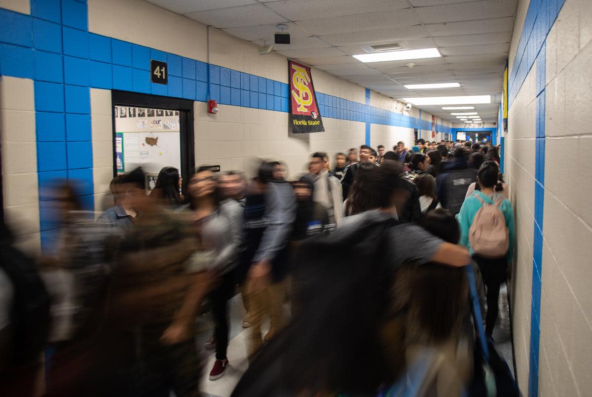 Passing period at United South High School in Laredo.