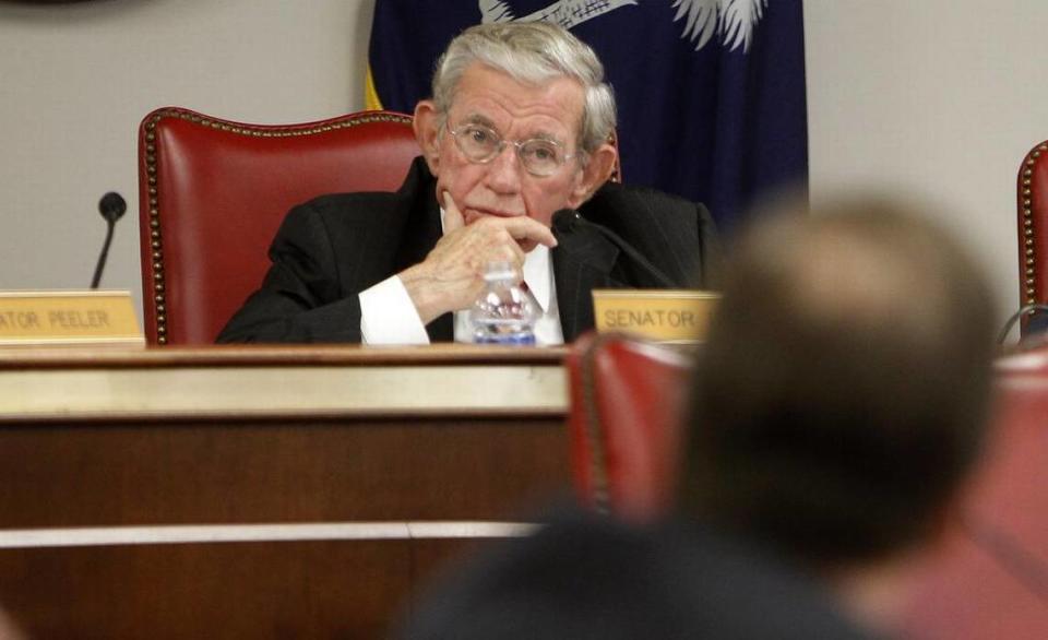 South Carolina Senate Finance Chairman Hugh Leatherman listens to Sen. Vincent Sheen, D-Kershaw, during a discussion of a bond package in April.