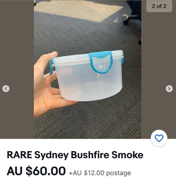 empty container of 'RARE Sydney Bushfire Smoke' that a man claims to have sold on ebay for $72 
