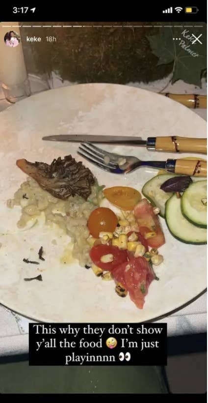 Keke Palmer's Instagram story showing a plate of food that has some tomatoes and cucumbers with the comment, "This why they don't show y'all the food. I'm just playinnn"