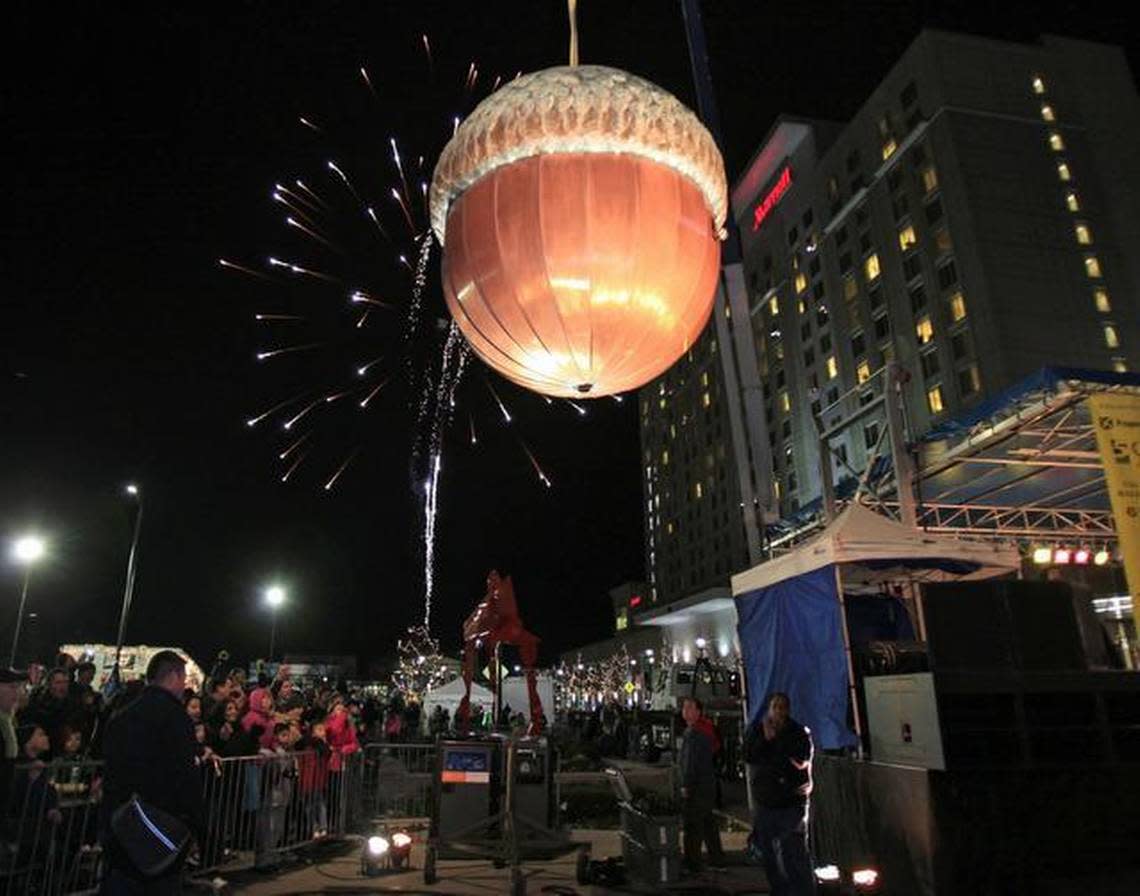 The giant acorn will drop at midnight again this year.