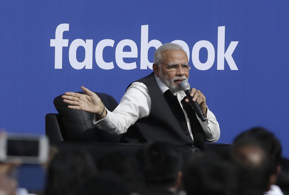 Indian Prime Minister Narendra Modi speaks at Facebook headquarters in Menlo Park, Calif., in 2015. I