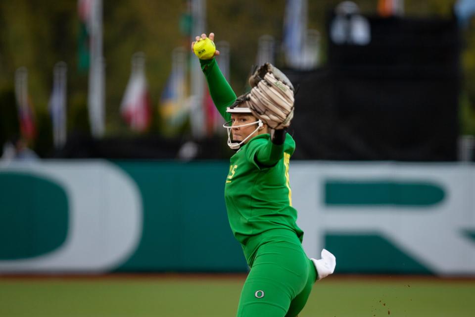 Pitcher Makenna Kliethermes, shown here in a game earlier this year, won her 11th game of the season late Saturday and kept the Ducks alive in the NCAA tournament.