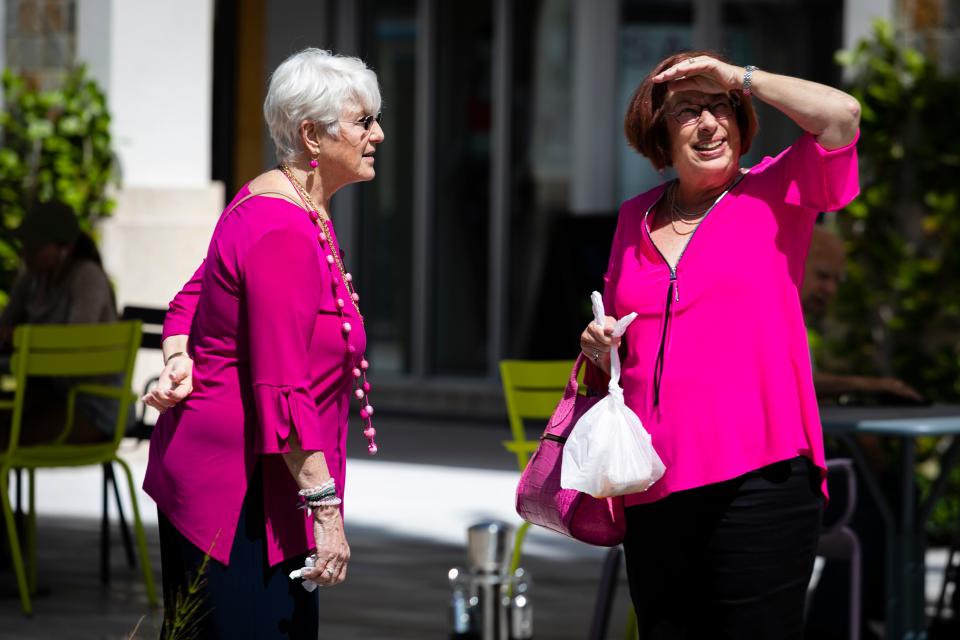 Senior women walk in a shopping center in West Palm Beach, Florida, on March 12, 2020. - Florida, often called "the grayest state" in the US because so many elderly retire here, is facing up to the fact that it has an alarming concentration of the demographic most at-risk from coronavirus. "Everything is an uncertainty because we don't know how this is going to end, you know?" said Anita Lammersdorf. "How bad is it going to be?" asked the 80-year-old Lithuanian-American who still works as a real estate agent. (Photo by Eva Marie UZCATEGUI / AFP) (Photo by EVA MARIE UZCATEGUI/AFP via Getty Images)