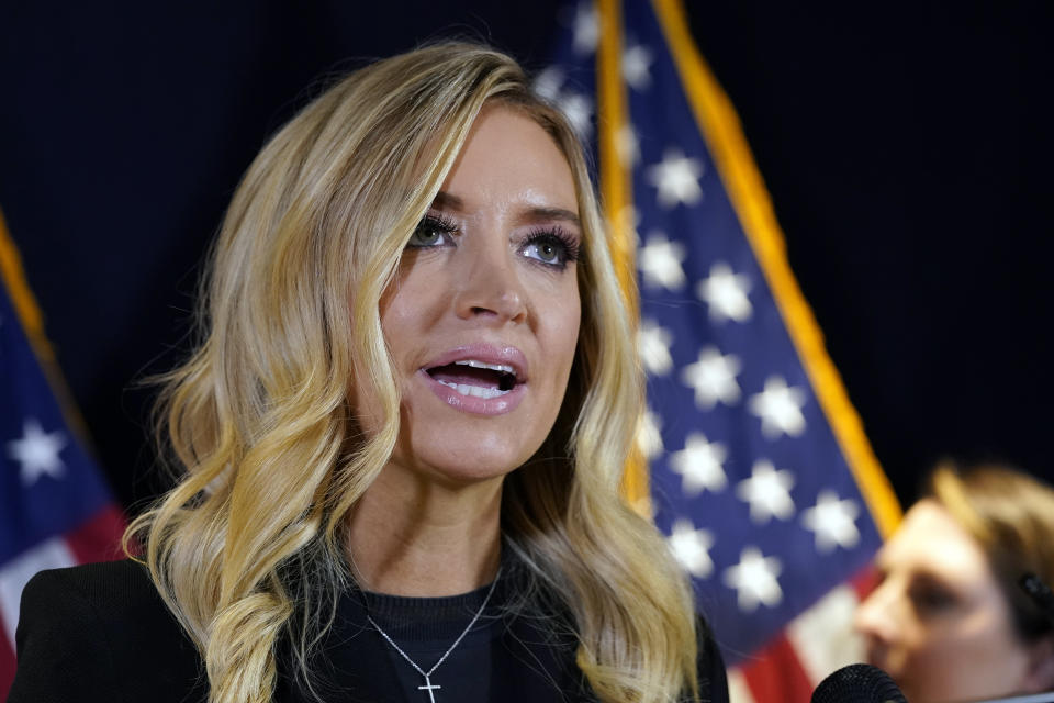 White House press secretary Kayleigh McEnany speaks during a news conference at the Republican National Committee, Monday, Nov. 9, 2020, in Washington. (AP Photo/Alex Brandon)