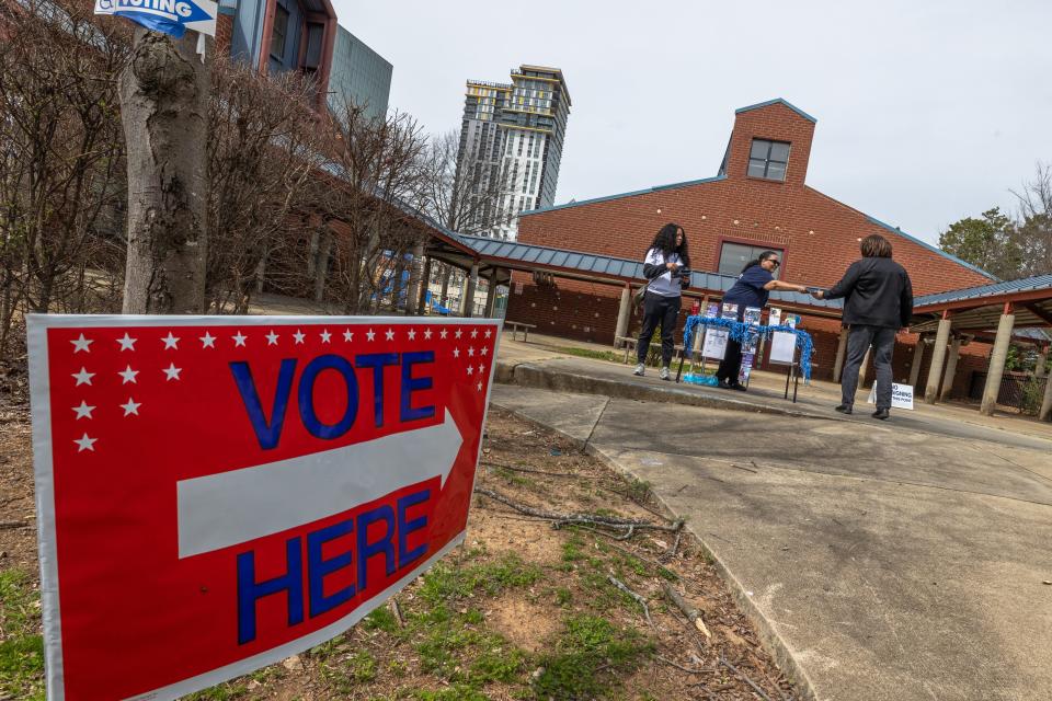 Voting on March 5, 2024, in Charlotte, N.C. The state's Constitution says, “Every person born in the United States and every person who has been naturalized, 18 years of age, and possessing the qualifications set out in this Article, shall be entitled to vote at any election by the people of the State, except as herein otherwise provided.”