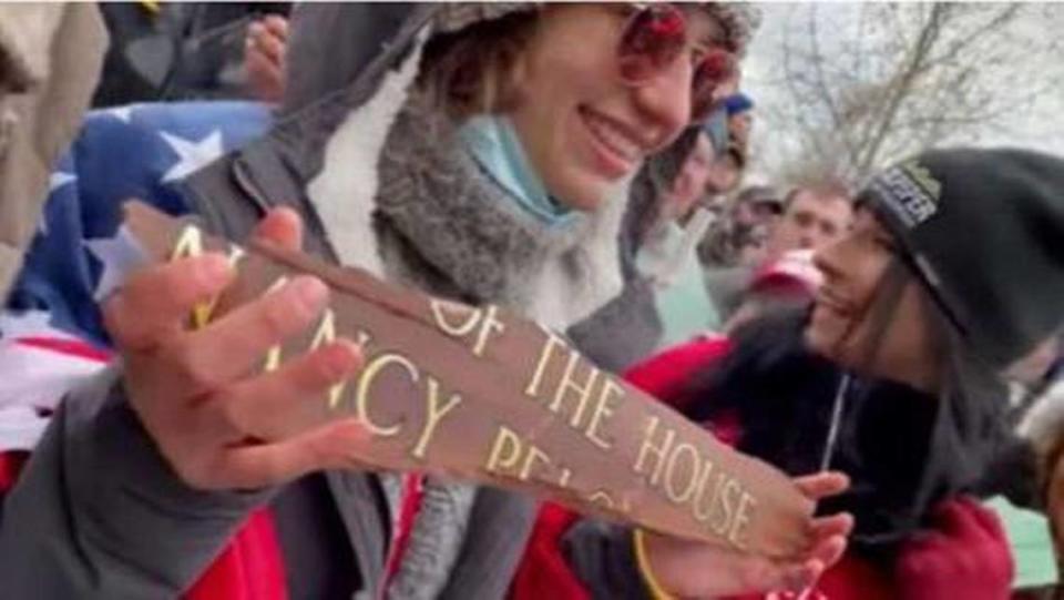 Emily Hernandez of Sullivan, Missouri — seen during the insurrection carrying a wooden name plate torn from House Speaker Nancy Pelosi’s office — was charged federal court in Washington, D.C., in connection with the riot at the U.S. Capitol. From court records