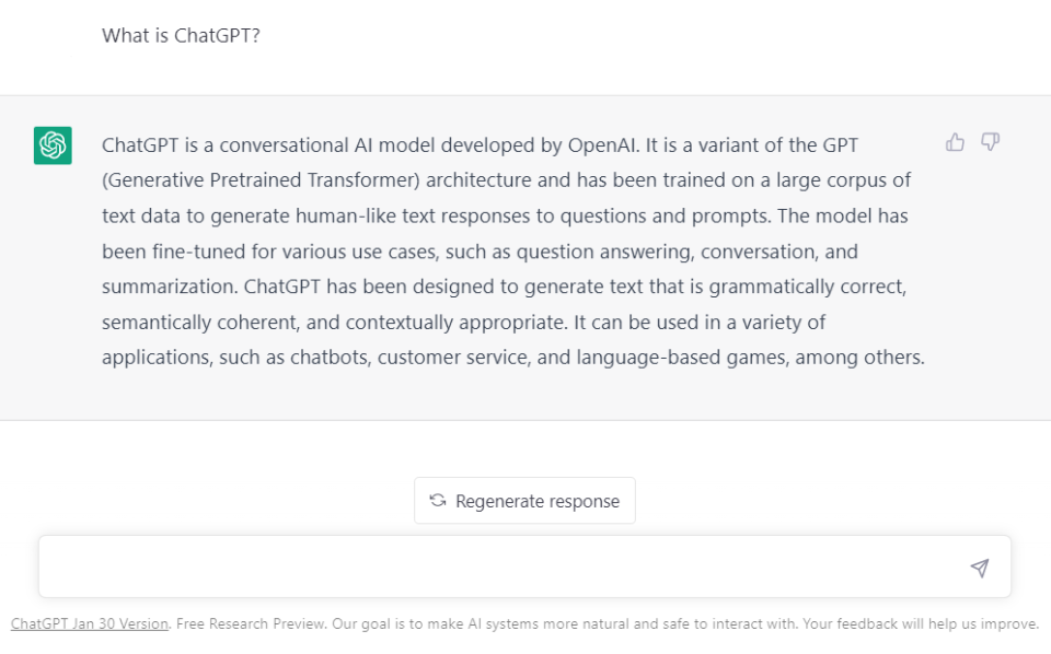 Chat GPT's response to the question, "What is Chat GPT?"