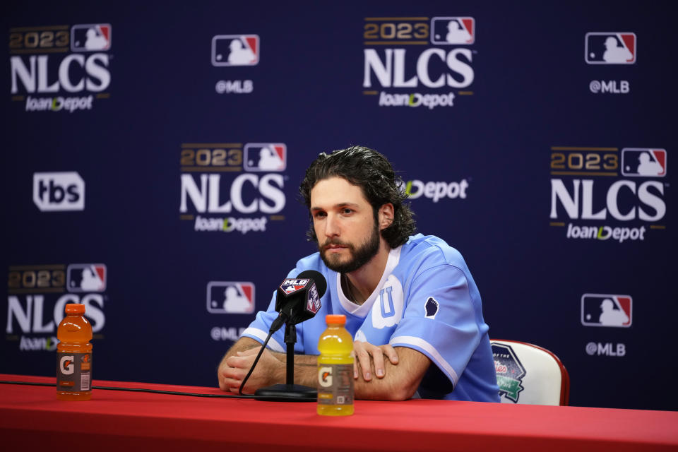 Arizona Diamondbacks' Zac Gallen listens to a question during a news conference before the baseball NL Championship Series against the Philadelphia Phillies, Sunday, Oct. 15, 2023, in Philadelphia. The Phillies host Game 1 on Monday. (AP Photo/Matt Slocum)