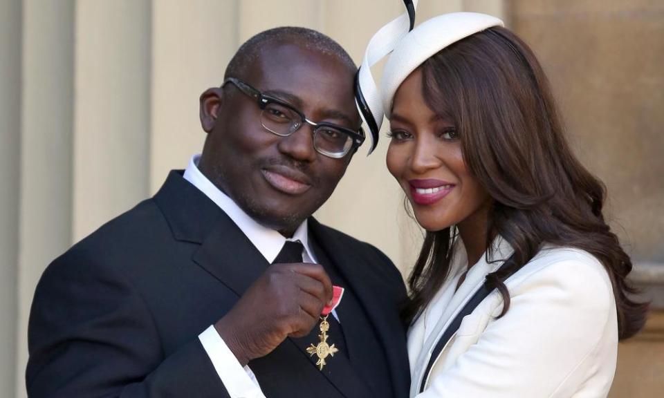 Model Naomi Campbell with fashion stylist Edward Enninful, receiving his OBE at Buckingham Palace, in London, October 27, 2016.