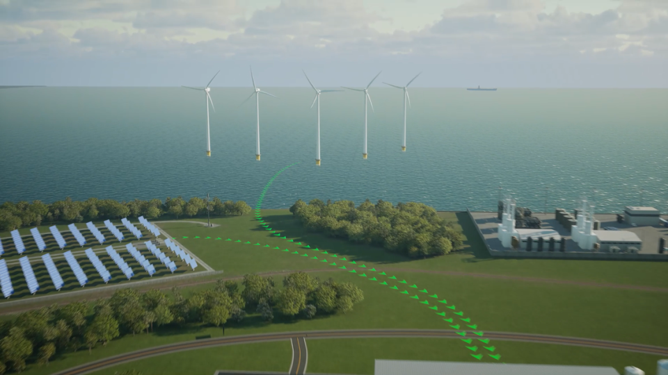 A rendering of the solar and wind energy in Hy Stor’s hydrogen production facility that will be used to power the plant and the electrolysis that will generate hydrogen energy.