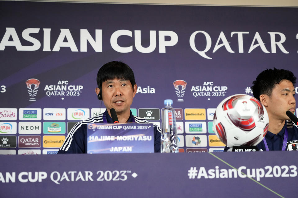 DOHA, QATAR - JANUARY 13: Head coach Hajime Moriyasu of Japan speaks during the Japan press conference at the Main Press Center on January 13, 2024 in Doha, Qatar. (Photo by Koji Watanabe/Getty Images)