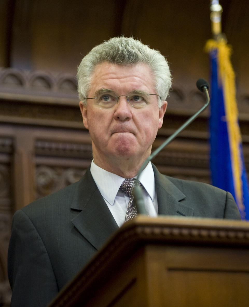 Connecticut House Speaker and Democratic candidate for U.S. Congress, Chris Donovan stands at a podium at the beginning of a special session at the Capitol in Hartford, Conn., Tuesday, June 12, 2012. Donovan has opened the special legislative session but says he won't preside over the debate. Donovan, whose congressional campaign is under federal scrutiny, appeared at the podium Tuesday and presided over the opening prayer and Pledge of Allegiance but he then stepped aside and allowed a deputy House speaker to take over the deliberations. Robert Braddock Jr., Donovan's finance director was recently arrested by federal authorities and accused of conspiring to hide the source of $20,000 in campaign contributions. (AP Photo/Jessica Hill)