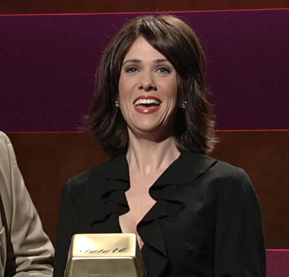 kristen in a brunette wig for a skit