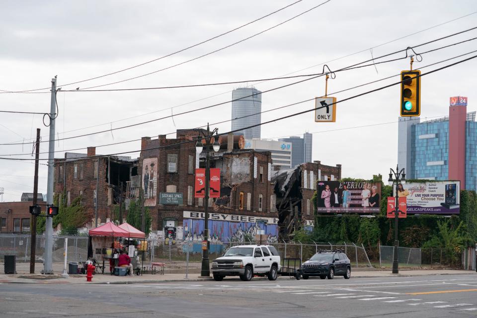 Develop Detroit proposed a mixed use project for a triangular piece of property bounded by Gratiot, Russell Street and Maple Street, site of the former Busy Bee Hardware warehouse, on Friday, Sept. 29, 2023. Six or seven years later, there has been no progress.