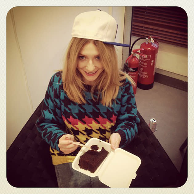 Celebrity photos: Nicola Roberts made us seriously drool after tweeting this image of herself tucking into a giant piece of chocolate cake. Fancy sharing, Nic?