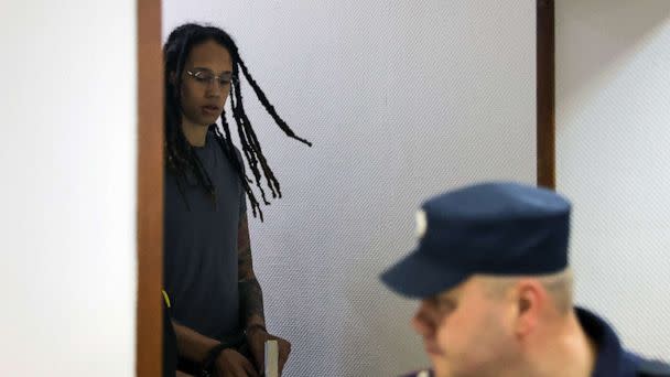 PHOTO: Brittney Griner walks before the verdict in a court hearing in Khimki, Russia Aug. 4, 2022. (Evgenia Novozhenina/Reuters)