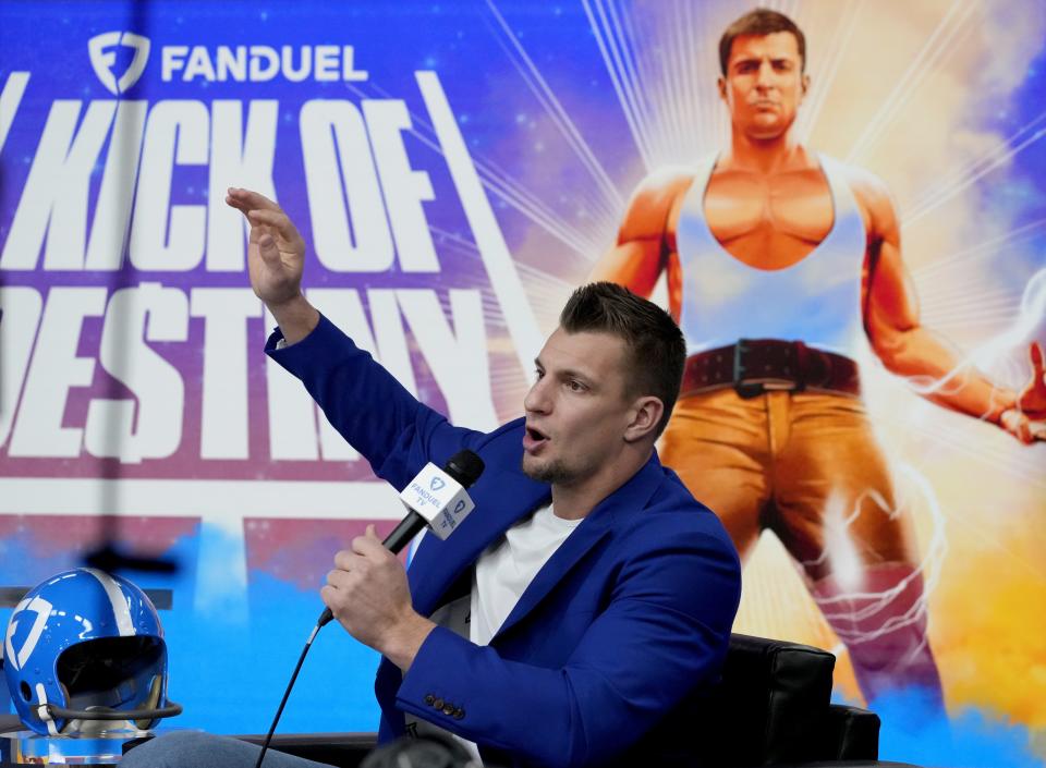 Former NFL player Ron Gronkowski talks about the "Kick of Destiny" during a news conference at the Phoenix Convention Center on Feb. 8, 2023. Gronkowski is scheduled to try the field goal attempt again during Super Bowl 58 on Feb. 11.