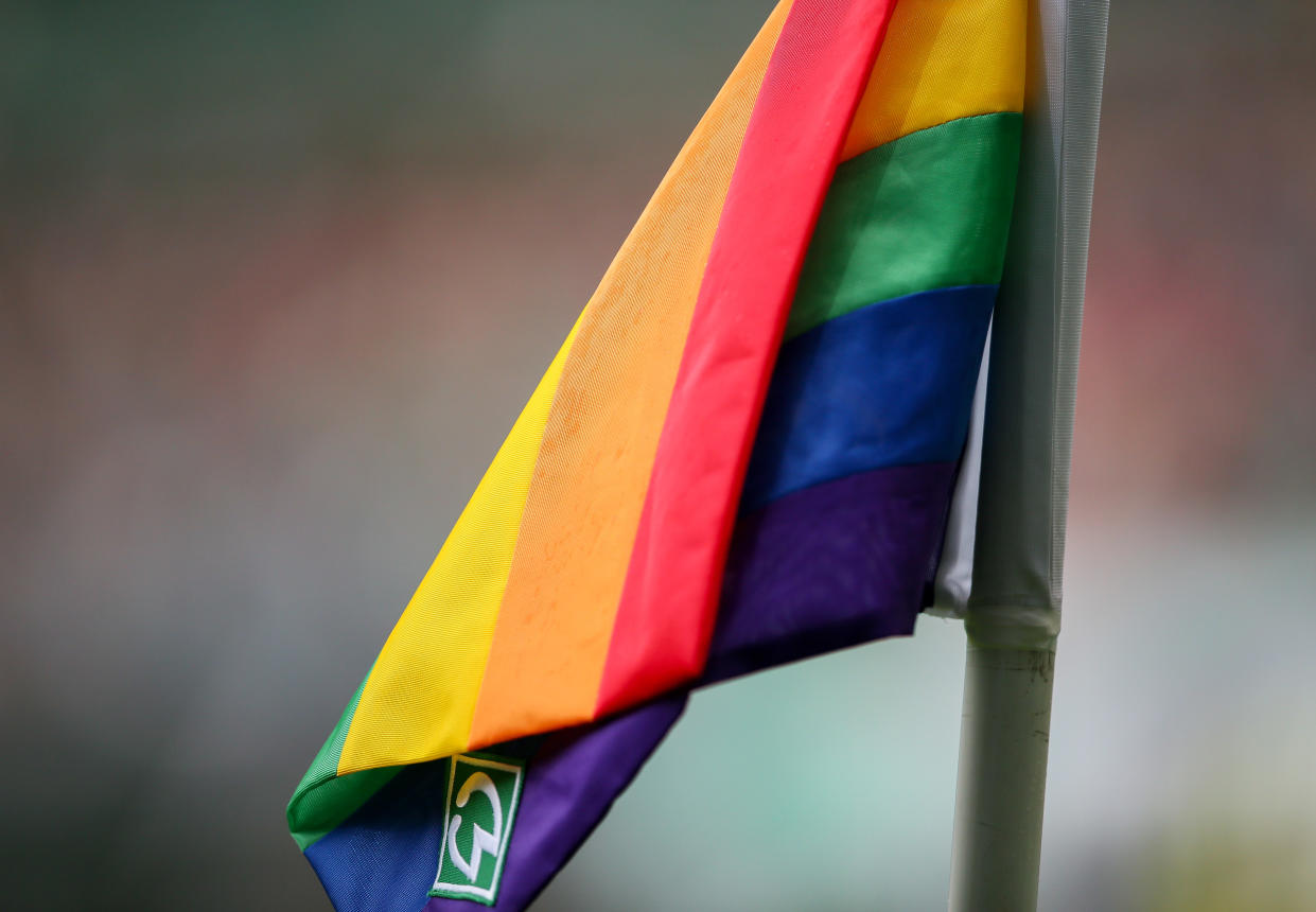 BREMEN, GERMANY - AUGUST 29: the rainbow corner flag is pictured during the Second Bundesliga match between SV Werder Bremen and FC Hansa Rostock at Wohninvest Weserstadion on August 29, 2021 in Bremen, Germany. (Photo by Selim Sudheimer/Getty Images)