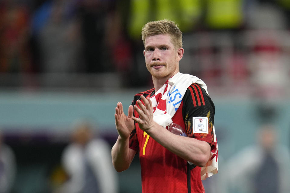 Belgium's Kevin De Bruyne reacts as he leaves the field at the end of the World Cup group F soccer match between Croatia and Belgium at the Ahmad Bin Ali Stadium in Al Rayyan , Qatar, Thursday, Dec. 1, 2022. (AP Photo/Ricardo Mazalan)