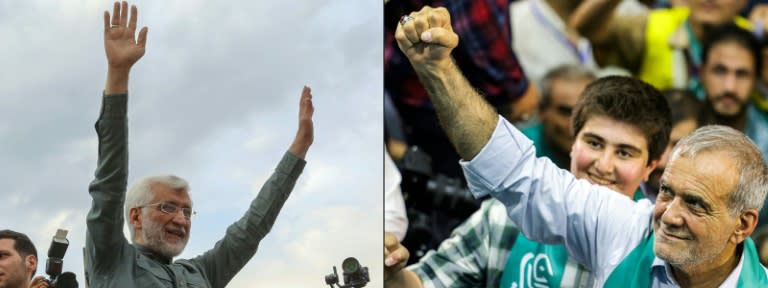 A combination of photos shows ultraconservative Saeed Jalili (L) and reformist Masoud Pezeshkian (R), who will compete in a runoff election for president of Iran (RAHEB HOMAVANDI)