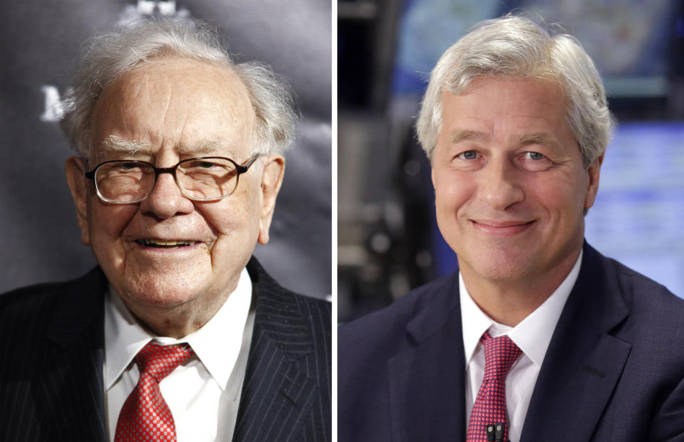 Berkshire Hathaway Chairman and CEO Warren Buffett and JP Morgan Chase Chairman and CEO Jamie Dimon. (AP Photos)