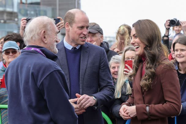 PHOTO: Prince William and Kate, Princess of Wales, known as the Duke and Duchess of Cornwall while in Cornwall meet a former school teacher of hers, Jim Embury, during a visit to the National Maritime Museum Cornwall in Falmouth, England, Feb. 9, 2023. (Chris Jackson/Pool via AP)
