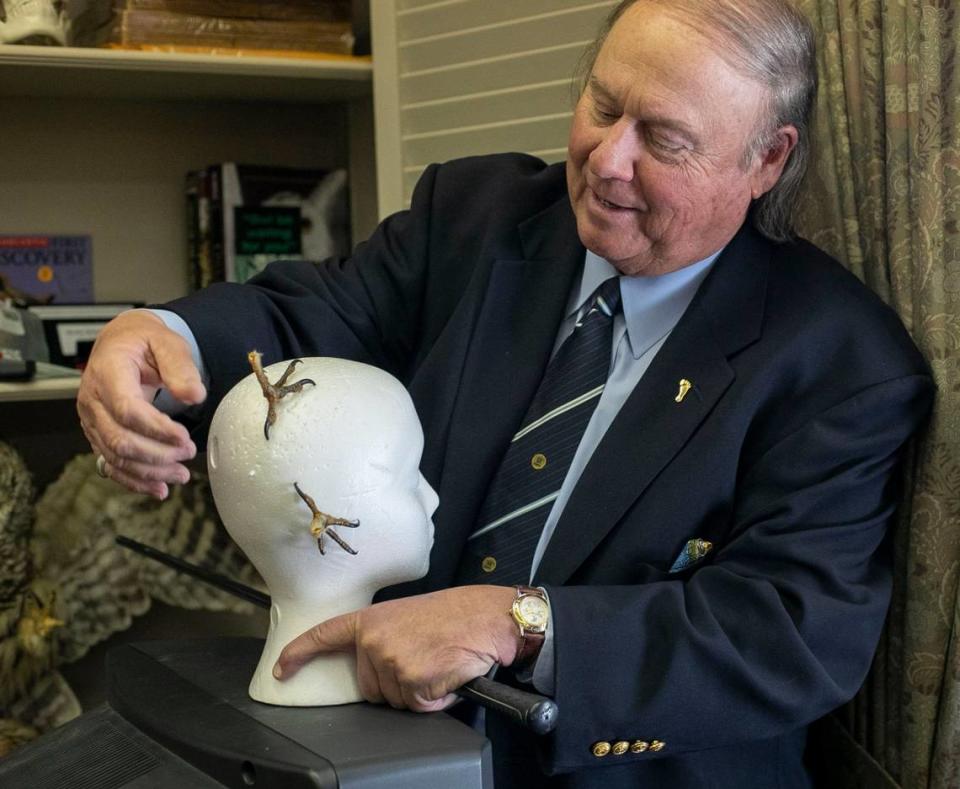 Durham attorney Larry Pollard uses a mannequin to show how he believes the talons of an owl lacerated the scalp of Kathleen Peterson, causing her death in 2001, during an interview in his Durham office this past April.